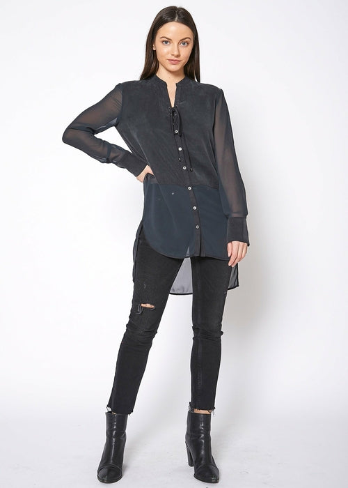 Women's Mesh Contrast Button Up Shirt In Black