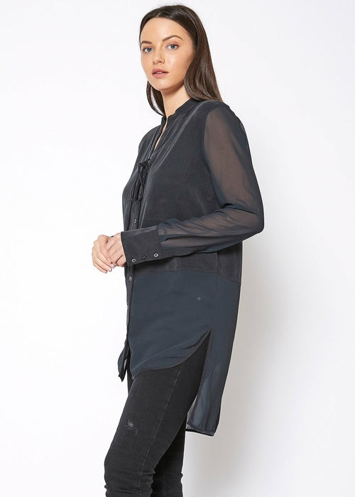 Women's Mesh Contrast Button Up Shirt In Black