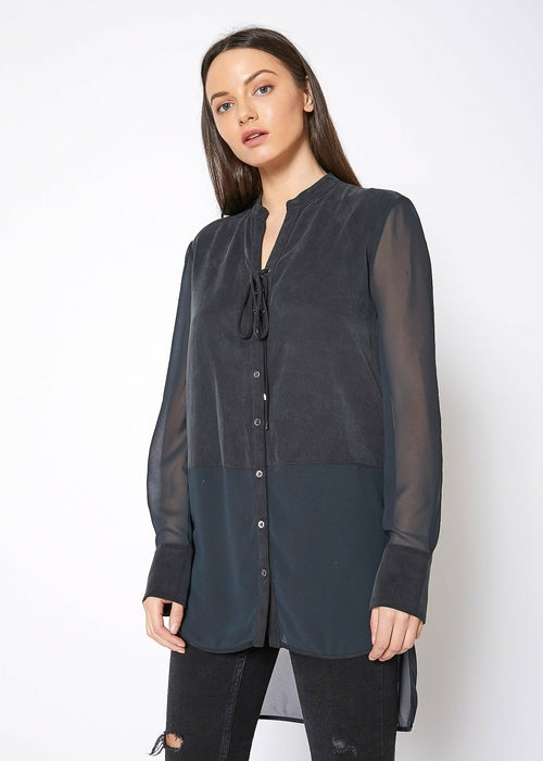 Women's Mesh Contrast Button Up Shirt In Black